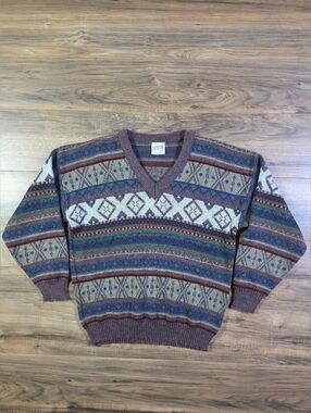 Vintage Made in UK Fair Isle Sweater L Purple V-Neck Knit Grandpacore Retro
